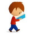 Young cartoon male student walking and reading