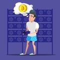 Young Cartoon Man Bitcoin Miner in Server Room. Cryptocurrency Mining Farm Royalty Free Stock Photo