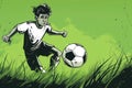 A young cartoon player sprints next to a rolling soccer ball, simple green background in sketch style.