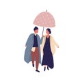 Young casual cartoon couple walking under umbrella at rainy day vector flat illustration. Man and woman character in