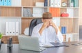 Young casual serious business Arab Middle East muslim man sitting head in hands at the office