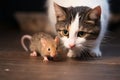 A young cat entertains itself by playfully engaging with a rat