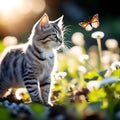 Young Cat Hunting Butterfly on a Backlit Meadow Royalty Free Stock Photo