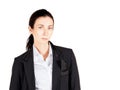Young cauasian business woman in white shirt and black suit standing in a white photography scene. Portrait on white background
