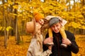 Young caucaian family have fun in autumn park nature Royalty Free Stock Photo