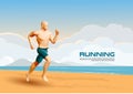 Young caucasian athlete man running on beach with sea and summer cloud sky. Sport vector background Royalty Free Stock Photo