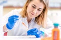 young caucasian blond female scientist conducts chemical experiments in a research laboratory Royalty Free Stock Photo