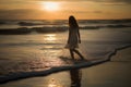 young caucasian blonde long-haired woman in light white dress walking on sunset beach surf, neural network generated art Royalty Free Stock Photo