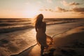 young caucasian blonde long-haired woman in light white dress walking on sunset beach surf, neural network generated art Royalty Free Stock Photo