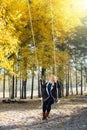 Young caucasian blonde woman in brown cardigan riding a swing in yellow autumn forest. Vertical orientation Royalty Free Stock Photo