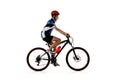 Young Caucasian boy bike rider with road bike isolated over white background.