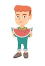 Young caucasian boy eating delicious watermelon. Royalty Free Stock Photo