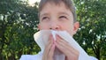 A young caucasian boy sitting in summer city park and wiping his mouse, lips with paper napkin, towel after eating, close up view Royalty Free Stock Photo