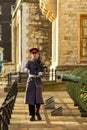 A young caucasian British soldier is on sentry duty in the tower of London