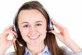 Young caucasian business woman wearing call center headset over white isolated background with happy and cool smile on face Royalty Free Stock Photo