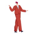 Young caucasian businessman presenting, wearing a red suit. Confident male office worker gesturing. Professional