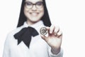 Happy caucasian businesswoman showing bitcoin isolated