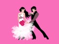 Young caucasian couple in love. Bride and groom on a pink background. Wedding invitation. Horizontal card in vector