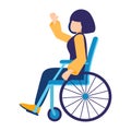 Young caucasian disabled woman sitting in wheelchair. Happy girl living with disability. Equal opportunities concept Royalty Free Stock Photo