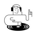 Young caucasian DJ mixing music on vinyl turntables. Vector cartoon illustration