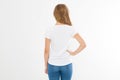 Young caucasian, europian woman, girl in blank white t-shirt. t shirt design and people concept. Shirts front view isolated Royalty Free Stock Photo