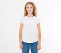 Young caucasian, europian woman, girl in blank white tshirt. t shirt design and people concept. Shirts front view isolated Royalty Free Stock Photo