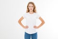 Young caucasian, europian woman, girl in blank white t-shirt. t shirt design and people concept. Shirts front view isolated Royalty Free Stock Photo