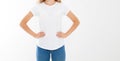 Young caucasian, europian woman, girl in blank white t-shirt. t shirt design and people concept. Shirts front view isolated Royalty Free Stock Photo