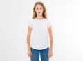 Young caucasian, europian woman, girl in blank white t-shirt. t shirt design and people concept. Shirts front view isolated