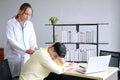 Ã Â¹ÂYoung Caucasian Female psychiatrist is specialist in psychiatry is Maintaining with Stethoscope on back of asian Patient