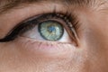 Young Caucasian girl one blue eye macro close up shot simple discrete make up natural skin