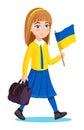 Young caucasian girl smiling walking with a flag and a bag. Student with a national Ukrainian flag vector illustration