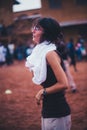 Young caucasian girl volunteer wearing a white t-shirt