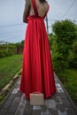 Young caucasian girl wearing elegant red dress with red rose in her hair Royalty Free Stock Photo