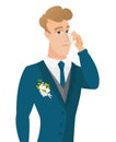 Young caucasian groom crying.