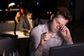 Young Caucasian Guy In Formal Wear Having Chronic Work Fatigue, In Office At Night