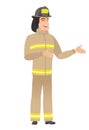 Young caucasian happy firefighter gesturing.