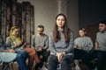 Young caucasian lady is the member of anonymous club of alcoholics Royalty Free Stock Photo