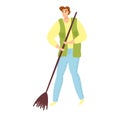 Young Caucasian male janitor broom. Cartoon cleaner uniform sweeping floor, tidying up. Royalty Free Stock Photo