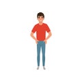 Young caucasian man dressed in red t-shirt and blue jeans. Cartoon male character standing with arms akimbo with smiling Royalty Free Stock Photo