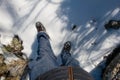 MAN`S LEGS WEARING JEANS PANTS AND MOUNTAIN BOOTS