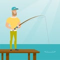 Young caucasian man fishing on jetty. Royalty Free Stock Photo