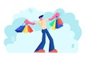 Young Caucasian Man Holding Colorful Shopping Bags. Male Character Having Fun While Doing Shopping. Seasonal Sale, Discount Royalty Free Stock Photo