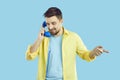 Man talk on landline telephone with customer support Royalty Free Stock Photo