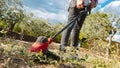 Man mows the grown grass with a string trimmer Royalty Free Stock Photo