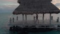 A young caucasian man walking diving off of a dock into the ocean near a tropical beach resort.