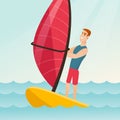 Young caucasian man windsurfing in the sea. Royalty Free Stock Photo