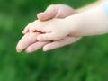 Young caucasian mother holding hand of newborn baby on green grass background. The concept of maternal love, care and Royalty Free Stock Photo