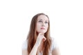 Young caucasian pensive woman with neutral calm facial expression isolated on white background Royalty Free Stock Photo