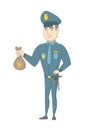 Young caucasian policeman holding a money bag.